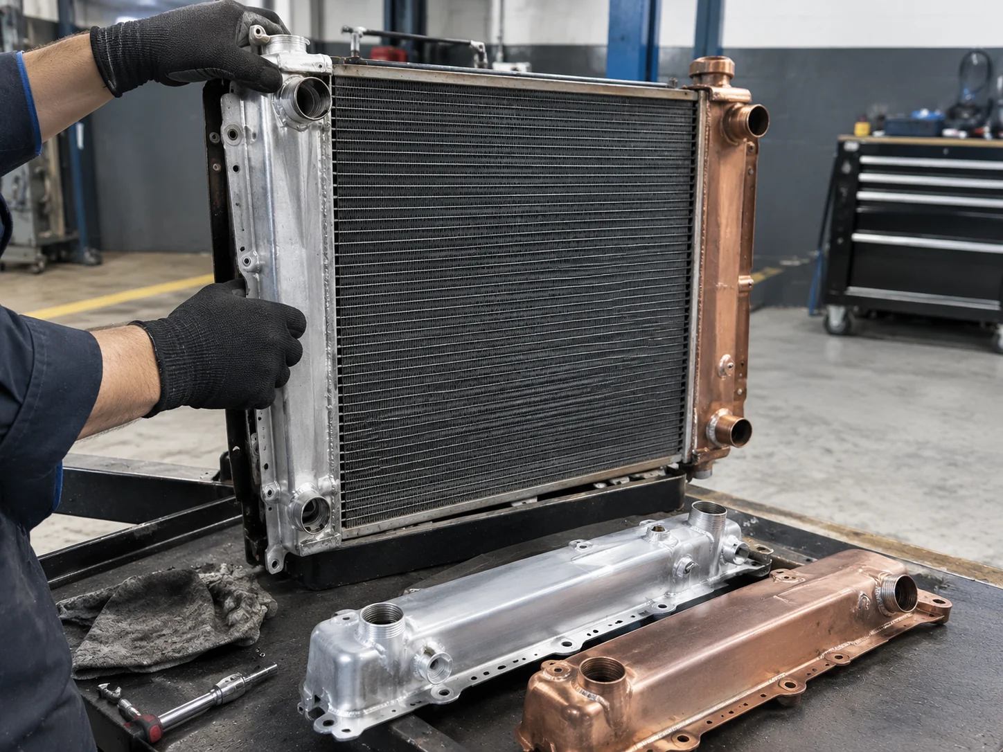 Técnico retirando estanques de aluminio y cobre de radiador industrial para su reemplazo en taller American Chilean Radiators