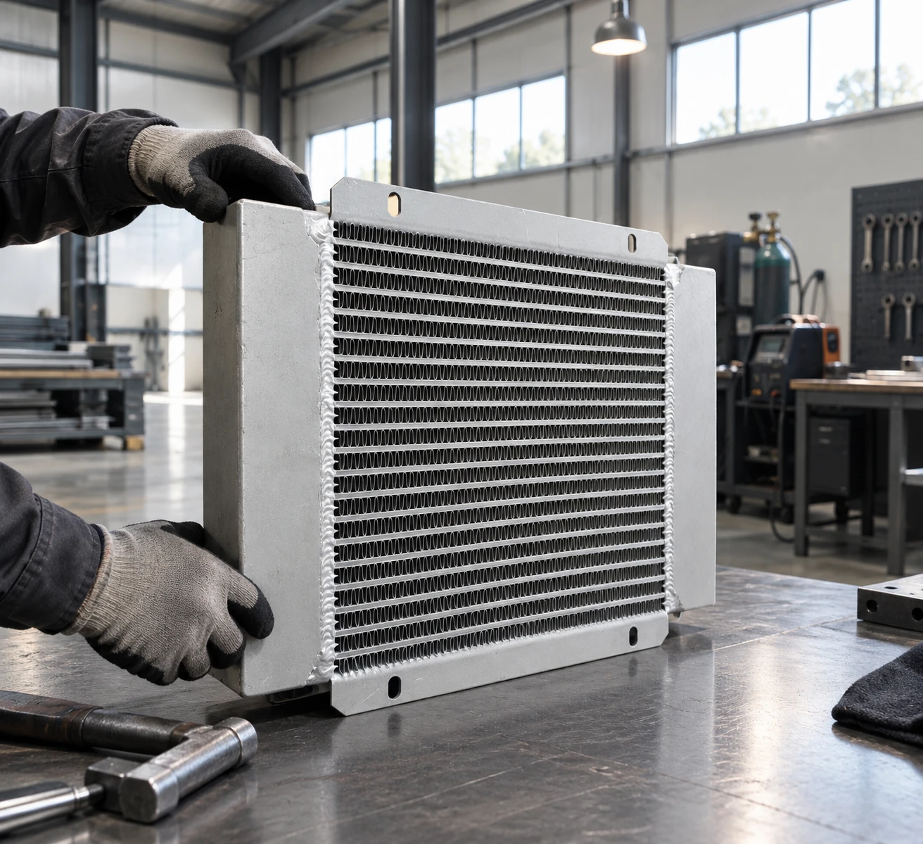 Técnico sosteniendo enfriador de aceite de aluminio recién fabricado en taller American Chilean Radiators