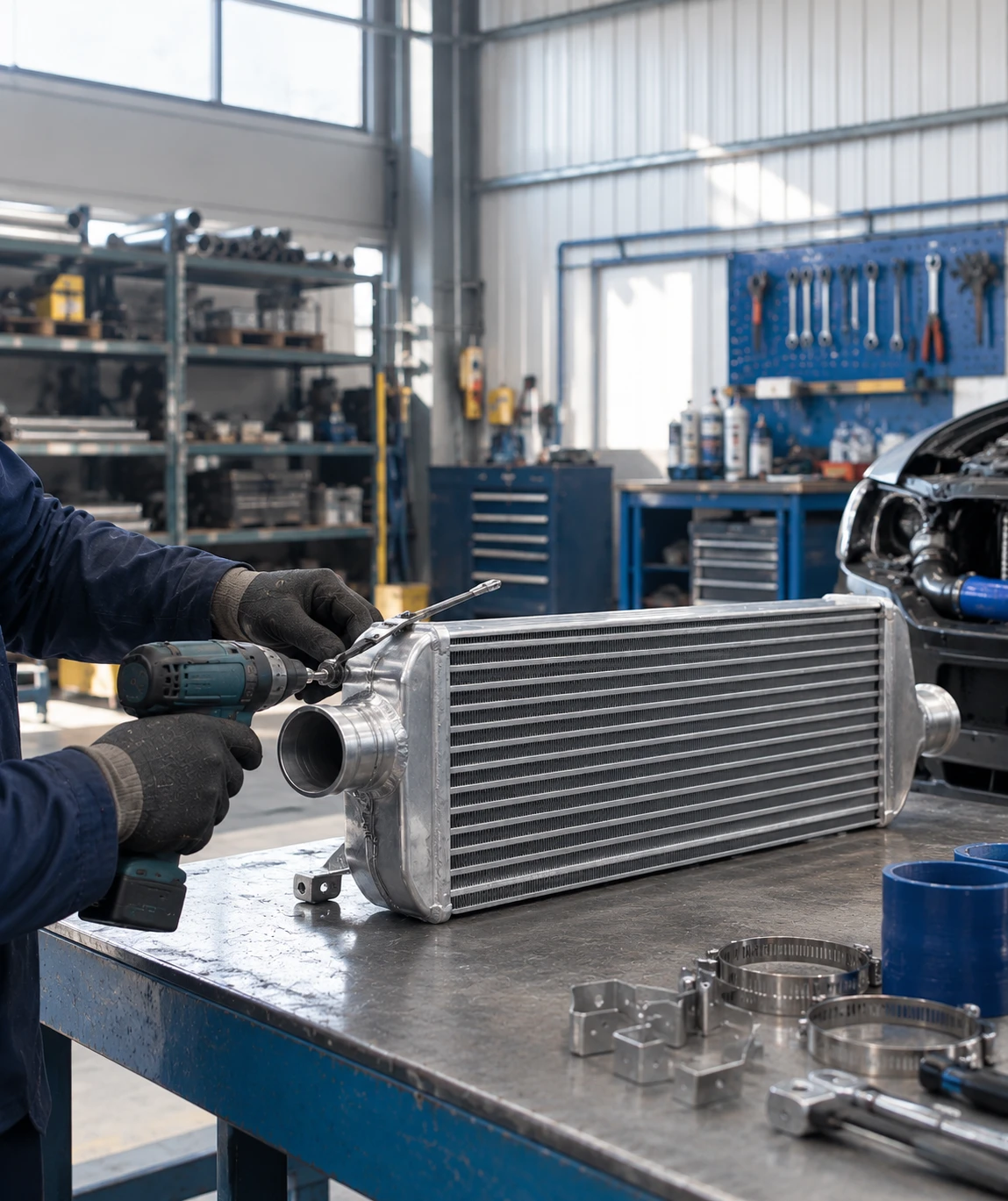 Técnico ensamblando intercooler industrial a medida en taller American Chilean Radiators