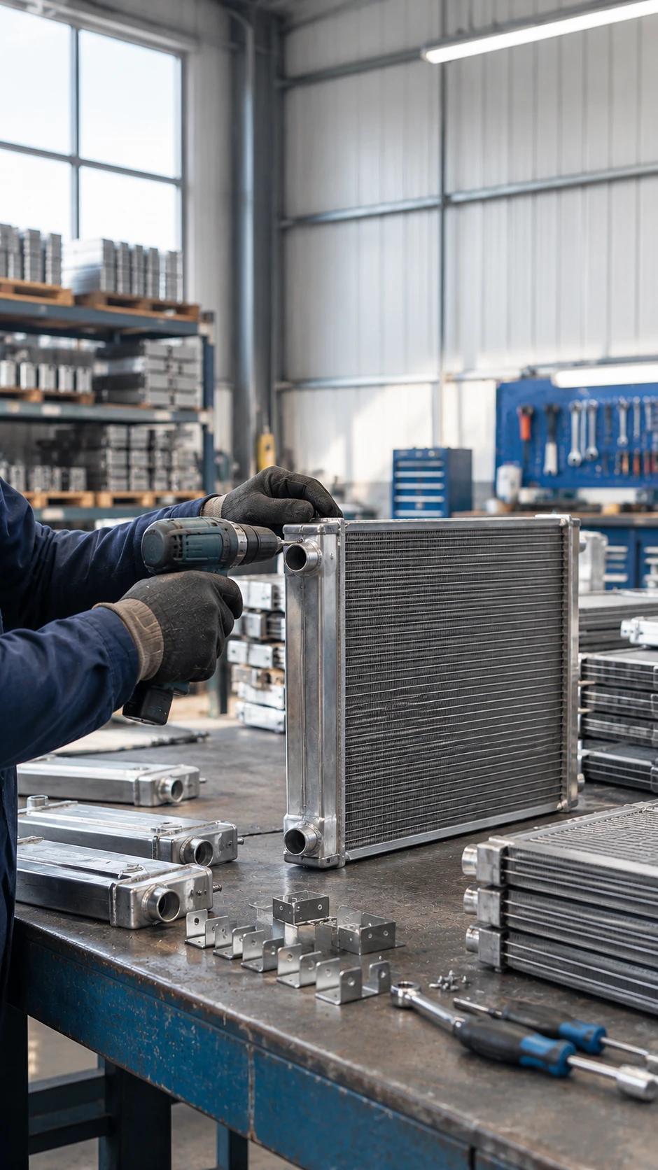 Técnico ensamblando radiador de aluminio nuevo a medida en taller American Chilean Radiators