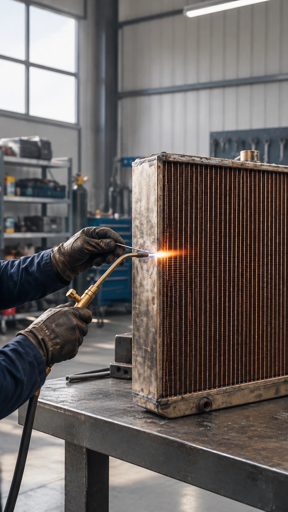 Técnico reparando panel de radiador de cobre con soplete, vista detalle