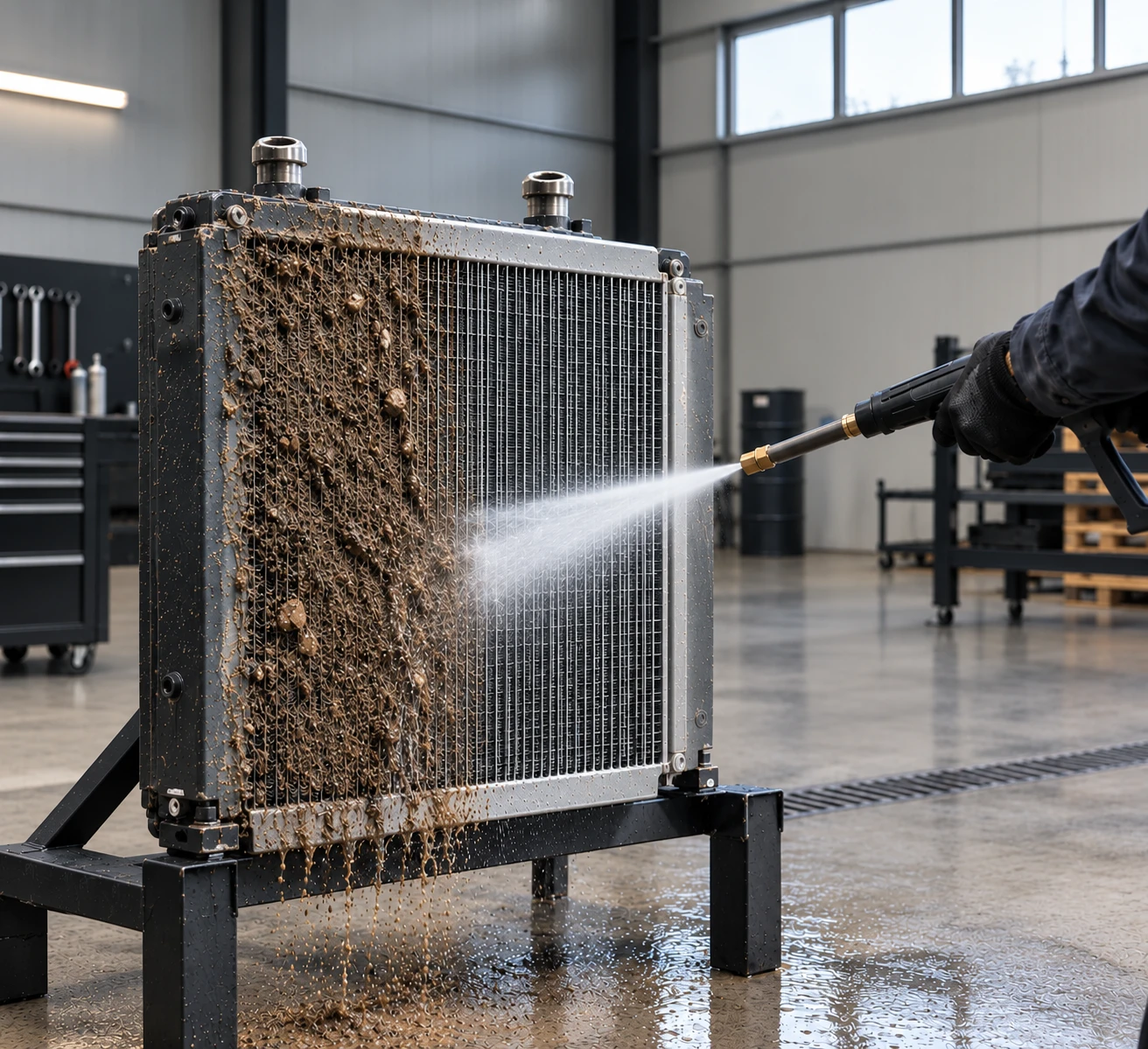 Limpieza con hidrolavadora de alta presión de radiador industrial con suciedad y barro acumulado en taller American Chilean Radiators