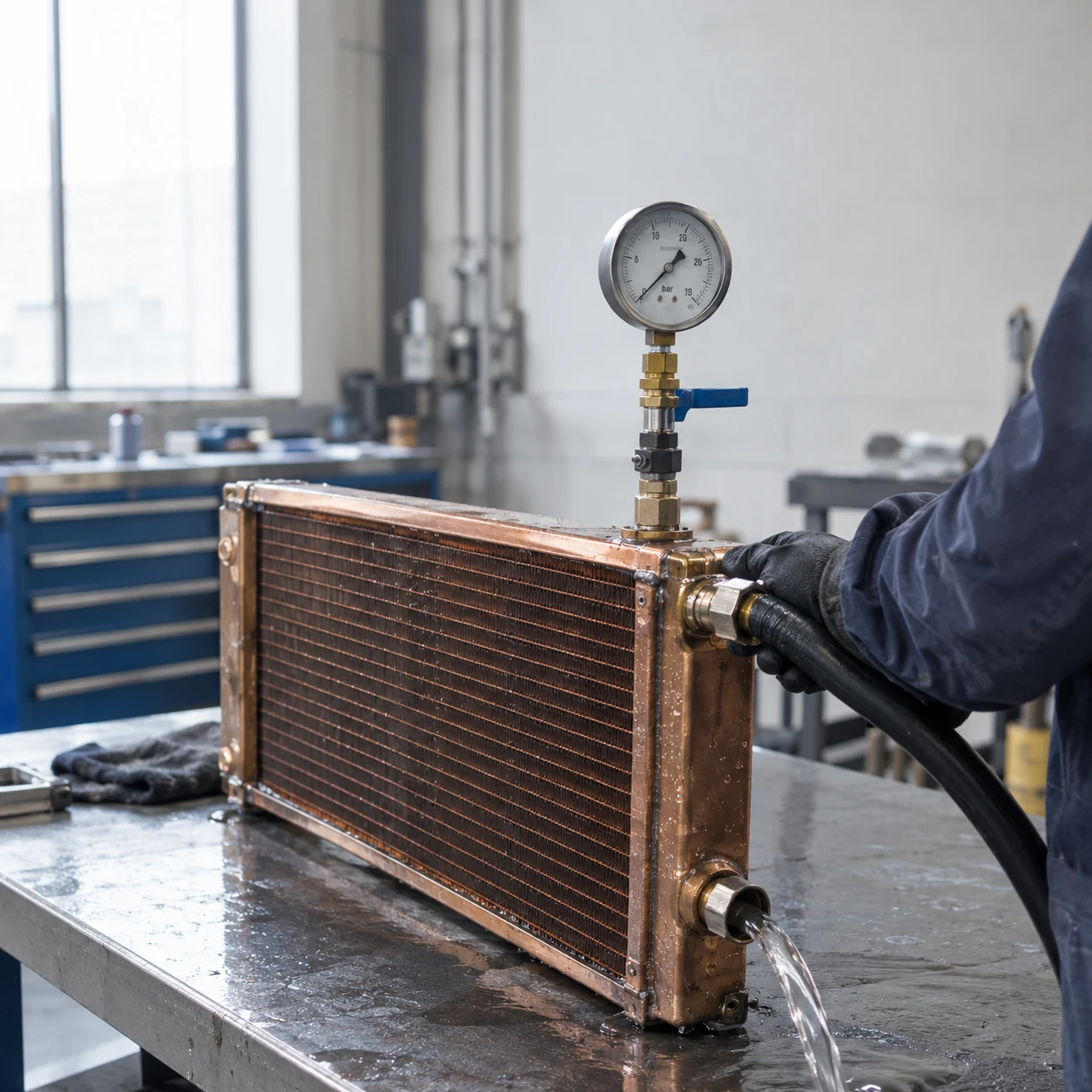 Prueba de presión en radiador de cobre con manómetro para cambio de estanques