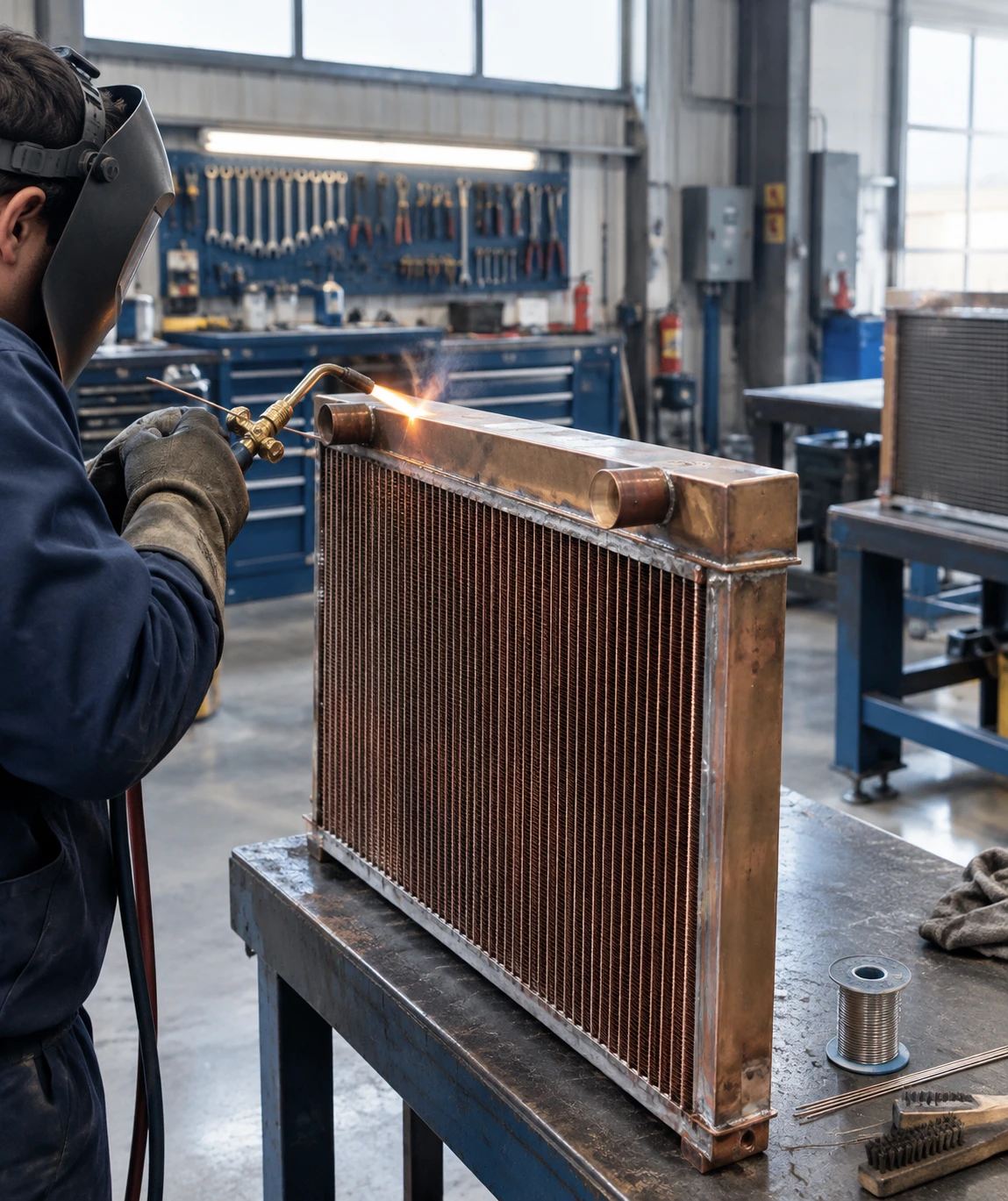 Soldador con careta reparando panel de radiador de cobre en taller American Chilean Radiators