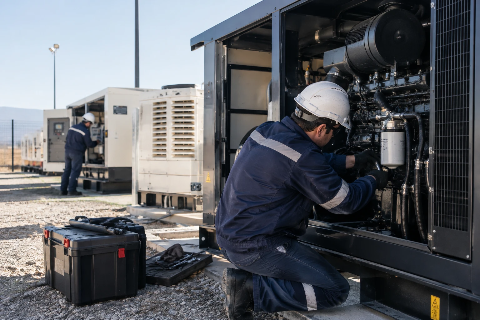 Técnicos de American Chilean Radiators realizando servicio en terreno en grupos generadores industriales